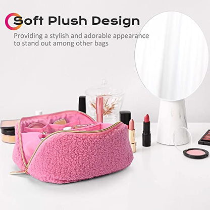 BYOOTIQUE Plush Makeup Bag Open Flat Travel Toiletry Accessories w/Handle - color: Pink, size: S