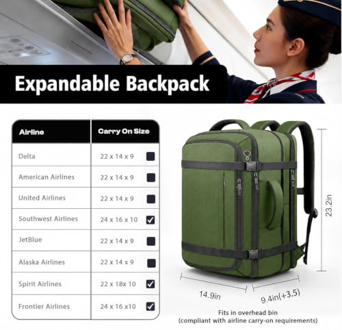 Travelability 1-7 DAYS Expandable Carry On Anti Theft Water Resistant - color: Green, size: 18.4inch - 23.2"x14.9"x9.4"(+3.5")