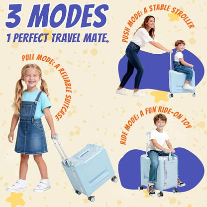 20" Ride-On Suitcase for Kids Lightweight Carry-On Luggage with Detachable Seat&Dual Telescoping Handles&360°Silent Spinner Wheels & TSA Lock - color: Blue