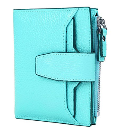 Women's RFID Blocking Leather Small Compact Bi-fold Zipper Pocket Wallet Card Case Purse with id Window - color: Lichee Sea Blue