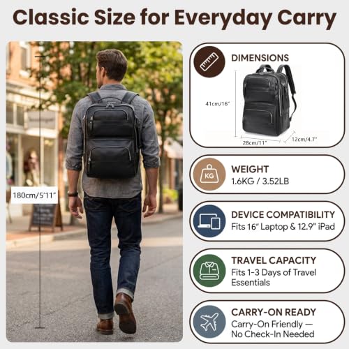 LANNSYNE Nappa Leather Backpack for Men, 16" Laptop Work Travel Bag, Black - color: Black