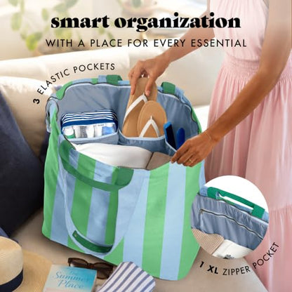 Fit & Fresh All The Things XL Beach Bag for Women, Oversized Travel Tote - color: Blue & Green Stripe