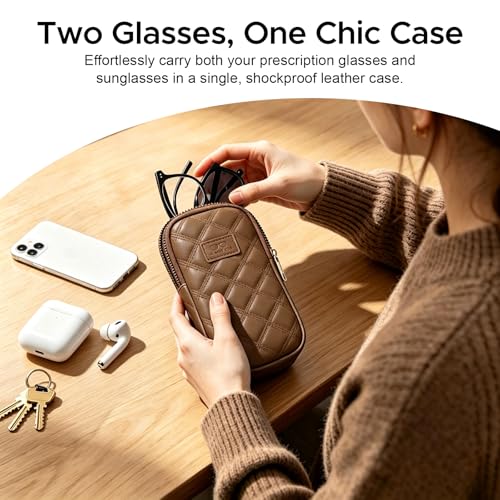 KINIVA Double Eyeglass Case for Men Women, 2-in-1 PU Dual Sunglasses Case, Scratch-Proof Travel Eyeglass Holder for Purse Car - style: Brown Lozenge