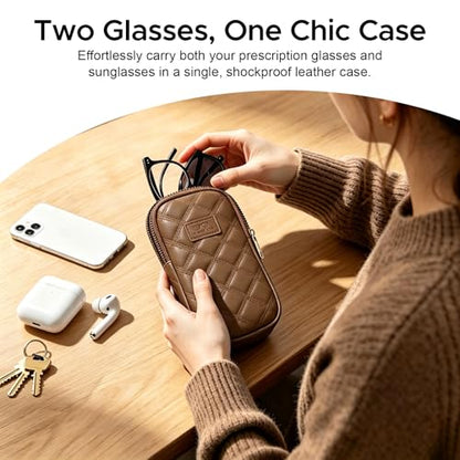 KINIVA Double Eyeglass Case for Men Women, 2-in-1 PU Dual Sunglasses Case, Scratch-Proof Travel Eyeglass Holder for Purse Car - style: Brown Lozenge