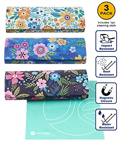 JAVOedge [3 PACK], Various Pattern Long Oval Hard Glasses Case Includes Microfiber Cleaning Cloth - color: Florals - Style C