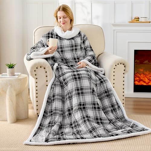 Electric Heated Blanket Wearable Throw with Foot Pocket & Front Pouch - color: Grey Plaid, size: Long
