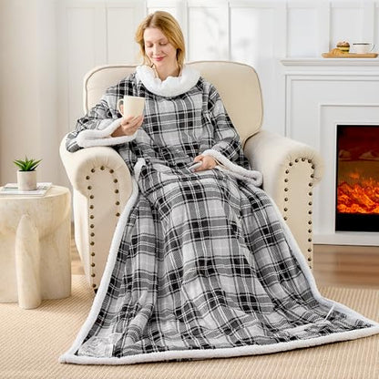 Electric Heated Blanket Wearable Throw with Foot Pocket & Front Pouch - color: Grey Plaid, size: Long