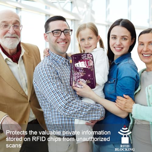 Family Passport Holder Wallet RFID Blocking Document Organizer - color: Purple Flowers