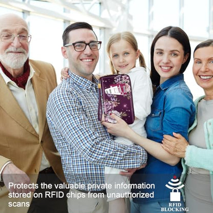 Family Passport Holder Wallet RFID Blocking Document Organizer - color: Purple Flowers