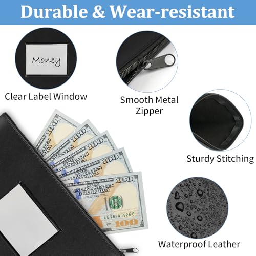 2 Pack PU Leather Bank Money Bags with Zipper & Label, Navy Blue, Black - color: Black