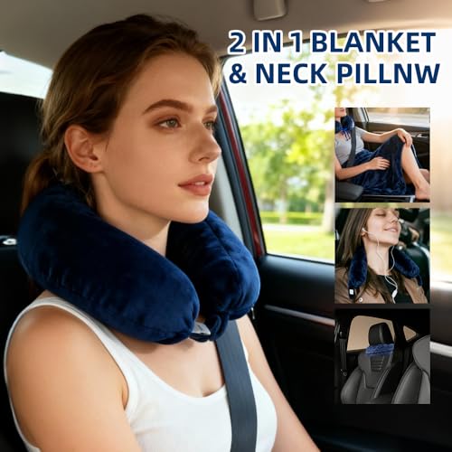 2-in-1 Travel Pillow/Blanket,Airplane Neck Pillow,Lightweight Throw Blanket - color: Blue