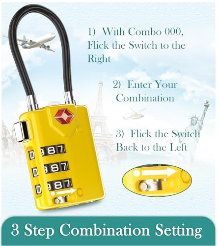 TRAVOCE TSA Approved Luggage Locks, Combination Cable Locks, 4 Pack, Yellow - color: Yellow 4 Pack