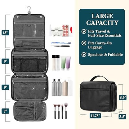 PAVILIA Hanging Toiletry Bag for Women Men, Large Travel Organizer, Black - color: Black
