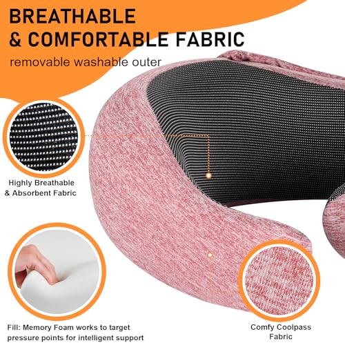 Travel Pillow - Hooded Neck Pillow Airplane Memory Foam Filling - color: Red