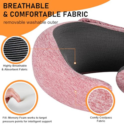 Travel Pillow - Hooded Neck Pillow Airplane Memory Foam Filling - color: Red