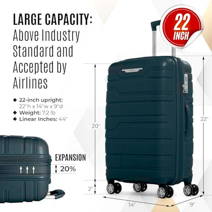 Gabbiano Unbreakable Hardshell PP Luggage Set Extra Large with 8 Wheels Thick Shell Multi Layer PP (Teal, Carry-On 22 Inch) - color: Teal, size: Carry-On 22 Inch