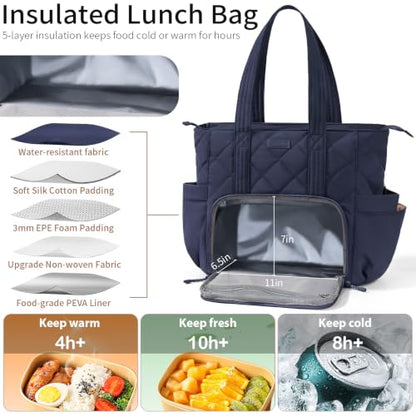 Bagstellar Lunch Tote Bag for Women, 3 in 1 Work Bag with Lunch Compartment - color: Navy Blue