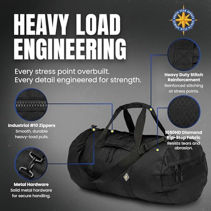 131L Travel Duffle Bag, Heavy Duty Ripstop Gym Weekender Bag - color: Midnight Black, size: 16" x 40" (131 Liters)