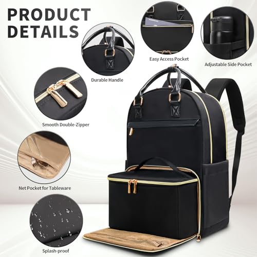 Jetviivid Lunch Backpack for Women,15.6 Inch Laptop Backpack with Lunch box - color: Black, size: 15.6 inch