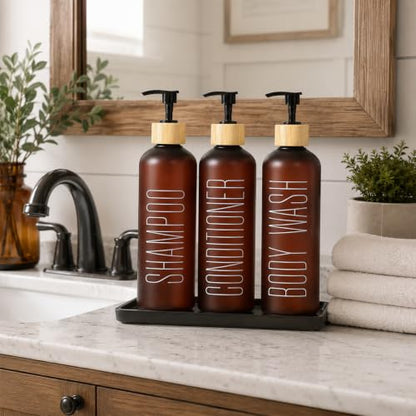 16oz Brown Shampoo and Conditioner Dispenser- Empty Refillable Pump Bottles - color: Brown&bamboo Pump