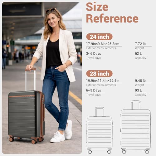 Kono Large Suitcase 28in Expandable ABS+PC 8pcs Silent Wheels Grey/Brown - color: Grey, size: Checked-Large 28-Inch