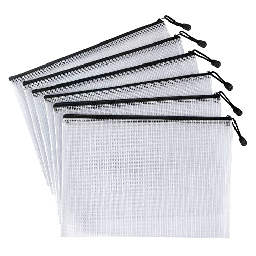 6 Pack Mesh Zipper Pouch Bags, Waterproof Zipper Pouch A4 Size, White - color: White