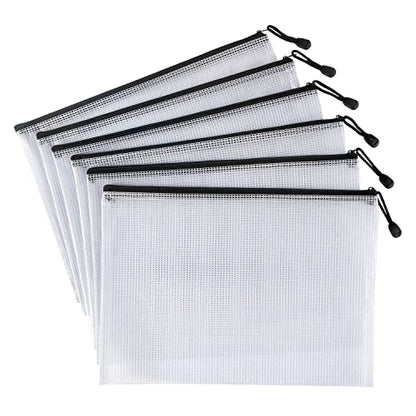 6 Pack Mesh Zipper Pouch Bags, Waterproof Zipper Pouch A4 Size, White - color: White