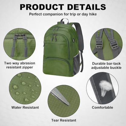HOLYLUCK 20L lightweight packable Hiking Daypack Foldable Backpack for Men Women Small Travel Outdoor Foldable Shoulder Bag - color: Army Green