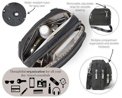 Baggallini Triple Zip Small Crossbody Bag for Women - Lightweight Convertible Fanny Pack Belt Bag - color: Black With Sand Lining, style: Slim Strap