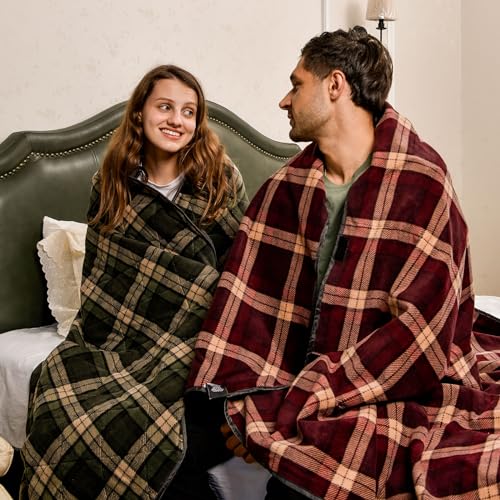 DUKUSEEK Large Camping Blanket - Waterproof, Quilted, Extra Thick Fleece, Warm, Windproof, Wearable, Includes Foldable Hood and Stuff Sack for Car, Outdoor Sports, Picnics, Stadiums, Dogs - color: Black Outer With Red Plaid Fleece