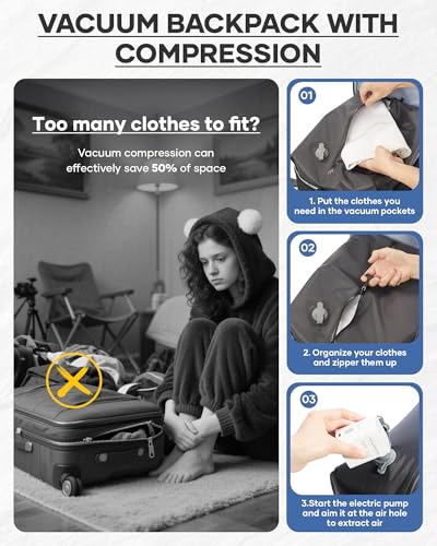 Vacuum Backpack Travel with Pump, Expanded Vacuum Travel Backpack for Women Men, Compression Carry On Luggage Personal Item Vacpack Backpacks Black - color: Black