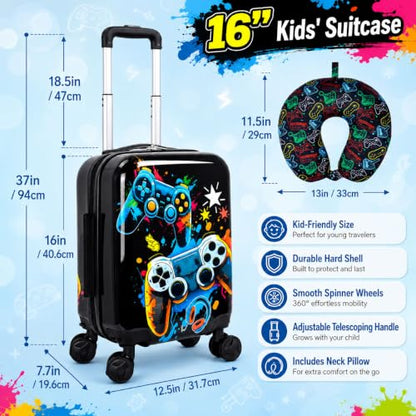 UFNDC Lightweight Hardshell Spinner Kids Suitcase Set 2PCS with Wheels - Airplane Approved Carry-On Luggage for Boys & Children Ages 3-10, Fun Game Rolling Suitcases for Elementary Toddler Travel - color: Black Fun Game Luggage 2PCS Set