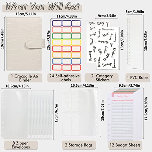 Budget Binder with Zipper Envelopes - Crocodile Pattern Leather Money Organizer, Cash Saving Book Budgeting Planner, cash stuffing folder envelope system, A6 Bill Binders with Pockets, Beige - color: Crocodile - Beige, size: A6 Kit