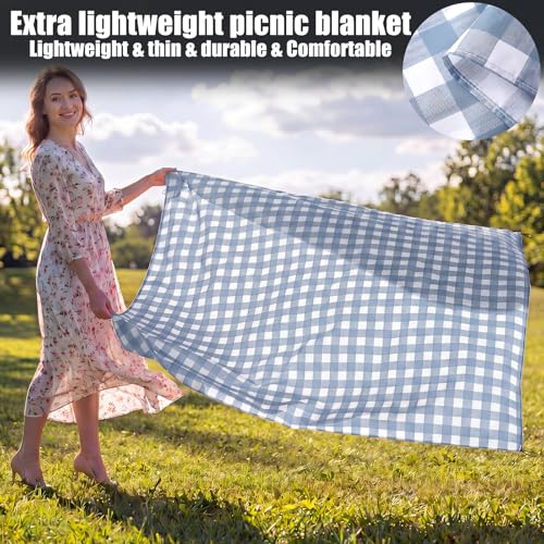 HunnmingRe Gingham Pocket Picnic Blanket Lightweight Portable, Dust Blue - color: Dust Blue, style: Gingham