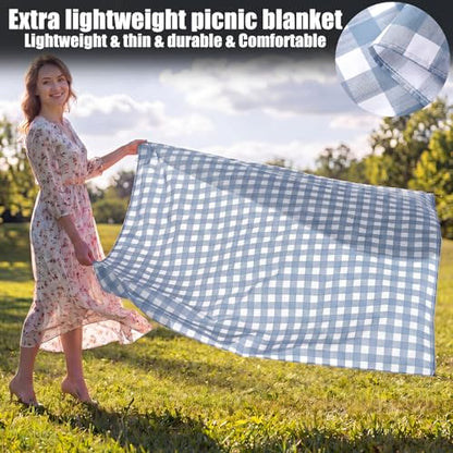 HunnmingRe Gingham Pocket Picnic Blanket Lightweight Portable, Dust Blue - color: Dust Blue, style: Gingham