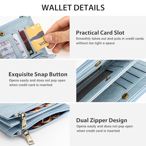 XINNSTAR Small Wallet for Women Leather RFID Blocking Trifold Compact Card Holder Wallets with Dual Zipper Coin Pocket - color: Ee-Blue
