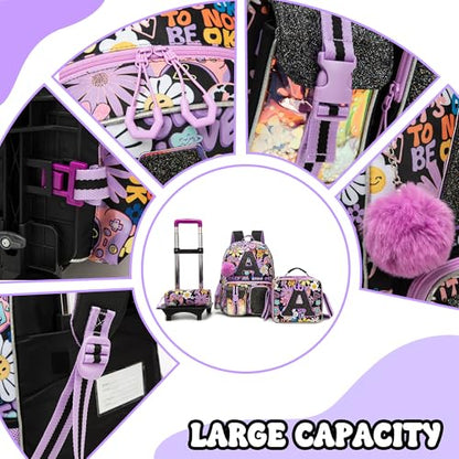 Meetbelify 3 in 1 Backpack with Wheels for Girls Rolling Letter Backpack Cute Carry on Backpack Kids Luggage with Lunch Box Pencil Case for Elementary Student - color: Black Flower