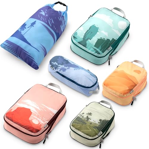 TRIPPED Travel Gear Compression Packing Cubes for Carry-On Travel 6-Pack - color: Getaways, size: 6 Piece