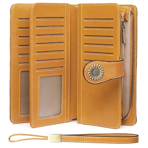 SENDEFN Wallets for Women Leather Credit Card Holder with RFID Blocking Large Capacity Wristlet - color: 1-Wax-Yellow
