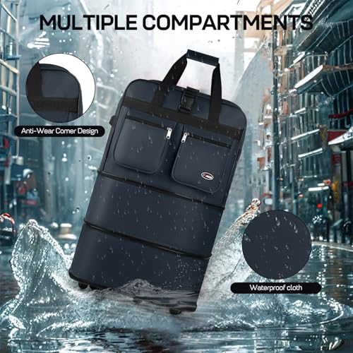 36'' Expandable Rolling Duffel Bag Suitcases w/Wheels,Foldable Luggage Bag - color: Navy, size: 36"