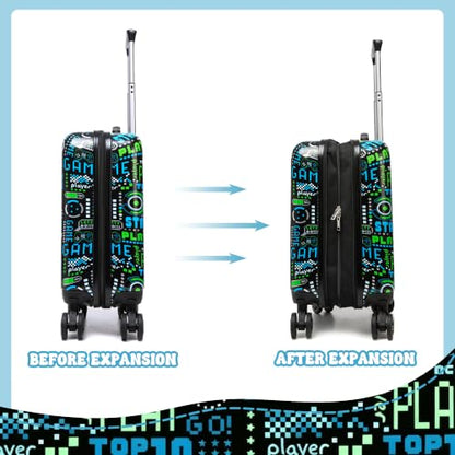 4 Piece Kid's Luggage Set 16" Hardside Luggage with Spinner Wheels Boys Carry on Toddler Travel Rolling Suitcase Airline Approved - color: Black Game Controller