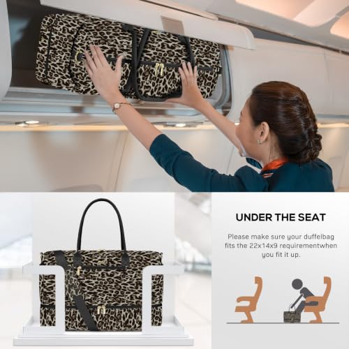 Travel Weekender Bags for Women: Duffel Bag with Shoe Compartment Overnight - color: 32-Brown Leopard Print, size: 40L-Large