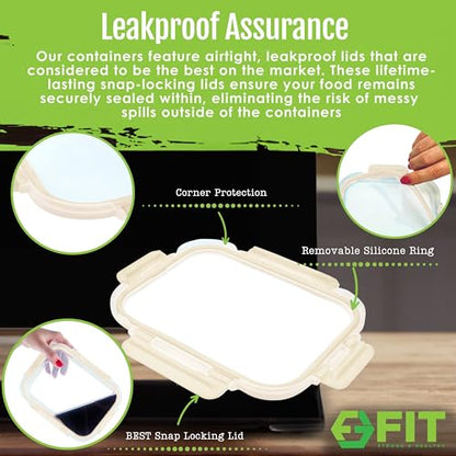 Glass Meal Prep Containers 2 & 3 Compartments Leak-Proof Lids 32 oz 4 Pack - color: Beige (2,3 compartment - 4 pack, 32oz)