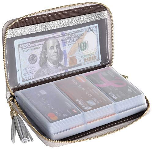 Easyoulife Credit Card Holder Wallet Womens Zipper Leather Case Purse RFID Blocking - color: Silver