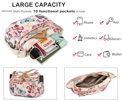 Crossbody Bags for Women Waterproof Nylon Shoulder Bag Roomy Multiple Pockets Messenger Purses Handbags - color: Butterfly Print