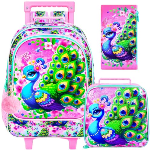 UFNDC 4PCS Girls Backpack with Wheels, Cute Kids Peacock Wheeled Backpack，Roller School Bag with Wheels for Elementary Preschool Travel - color: UV Printing Green Peacock Rolling Backpack