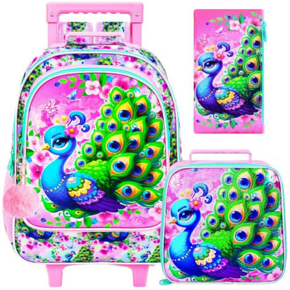 UFNDC 4PCS Girls Backpack with Wheels, Cute Kids Peacock Wheeled Backpack，Roller School Bag with Wheels for Elementary Preschool Travel - color: UV Printing Green Peacock Rolling Backpack