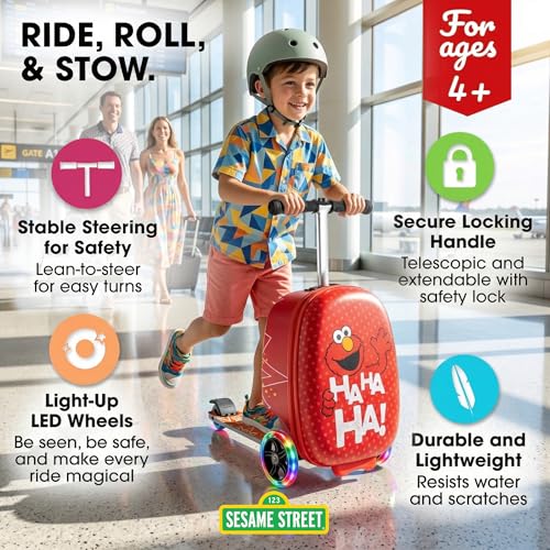 Kiddietotes Sesame Street Ride-On Scooter Suitcase, Foldable Carry-On - style: Elmo