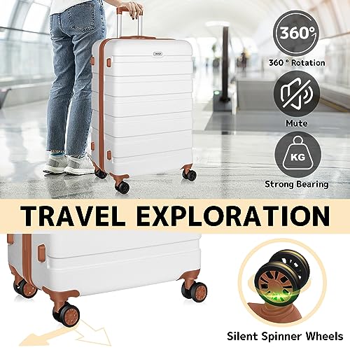 AnyZip Luggage PC ABS Hardside Lightweight Suitcase with 4 Universal Wheels TSA Lock Checked-Medium 24 Inch White Brown - color: White Brown, size: 24" Checked-Medium