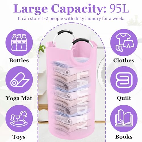 Pink Laundry Basket,Hampers for Laundry with Handle,Foldable Clothes Basket - color: 2Pcs Pink, size: L-95L